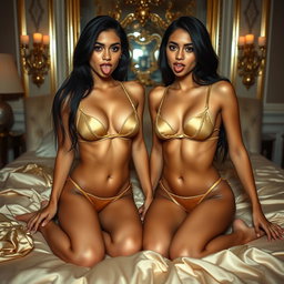 Nineteen-year-old tan Arabic Latina model twin sisters, both petite with dark long brunette hair, very skinny with small busts and small buttocks