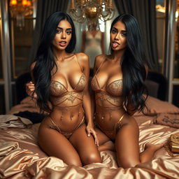 Nineteen-year-old tan Arabic Latina model twin sisters, both petite with dark long brunette hair, very skinny with small busts and small buttocks