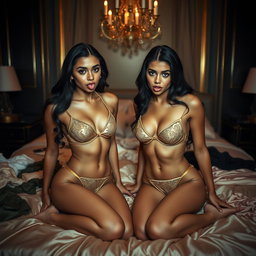 Nineteen-year-old tan Arabic Latina model twin sisters, both petite with dark long brunette hair, very skinny with small busts and small buttocks