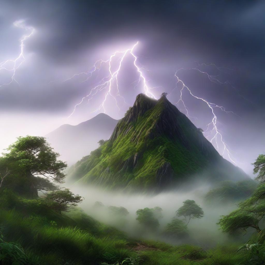 Hyper-realistic image of a mystical hill covered in lush greenery and fog. A dramatic lightning strike lights up the scene, revealing a subtle hint of a mythical creature hiding within the foliage.