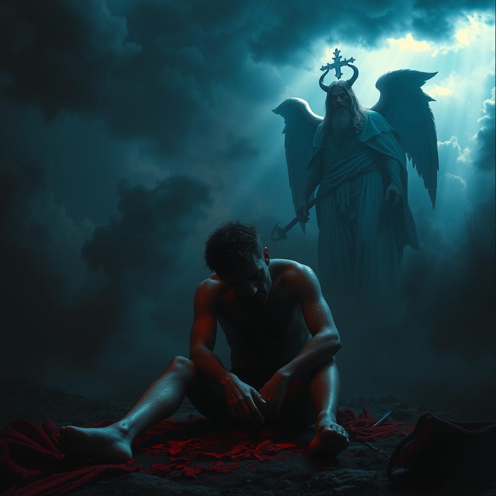 A surreal, moody scene depicting a wounded individual sitting in the foreground, conveying deep sadness and despair