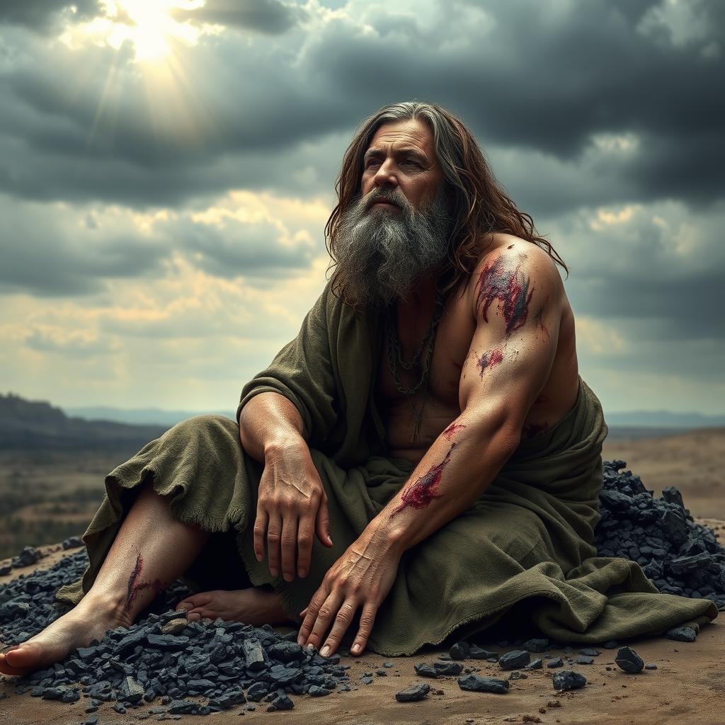 A biblical scene depicting Job with visible wounds on his body, expressing deep sorrow yet maintaining a sense of dignity