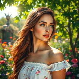 A stunningly realistic portrait of a woman with long, flowing chestnut hair, deep green eyes, and a hint of freckles on her cheeks