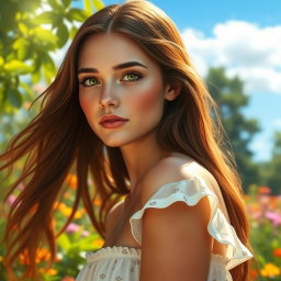 A stunningly realistic portrait of a woman with long, flowing chestnut hair, deep green eyes, and a hint of freckles on her cheeks