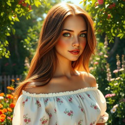 A stunningly realistic portrait of a woman with long, flowing chestnut hair, deep green eyes, and a hint of freckles on her cheeks
