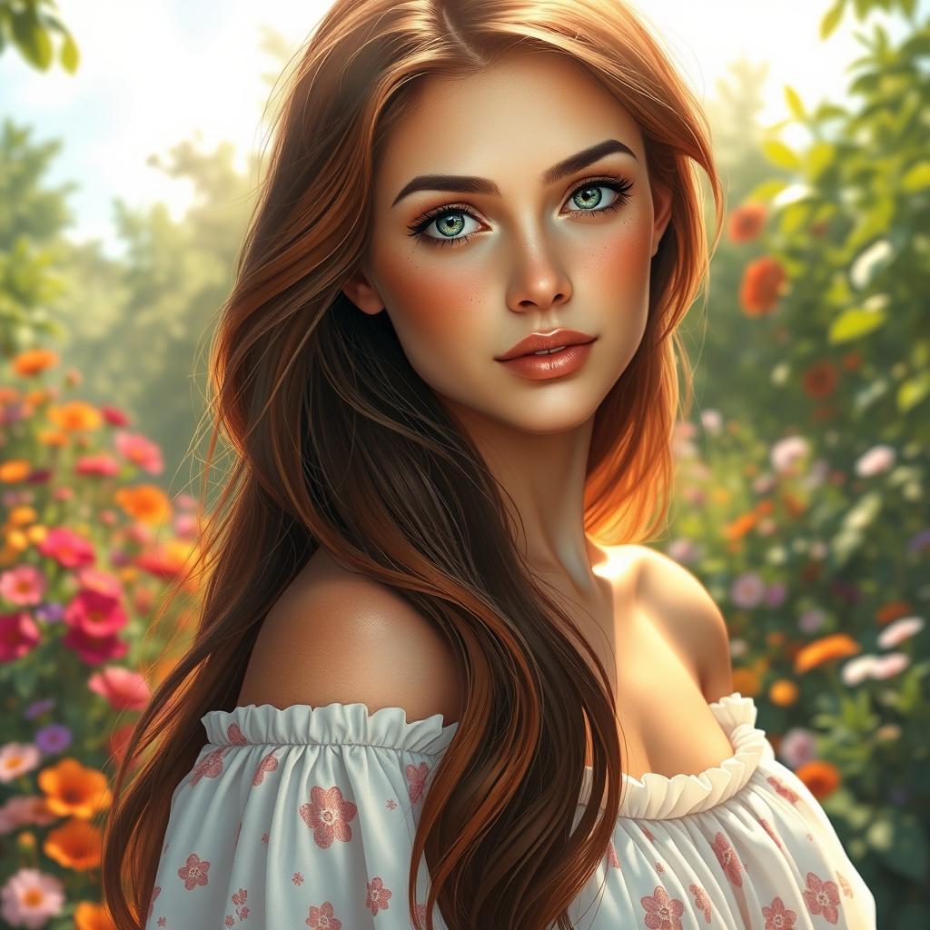 A stunningly realistic portrait of a woman with long, flowing chestnut hair, deep green eyes, and a hint of freckles on her cheeks