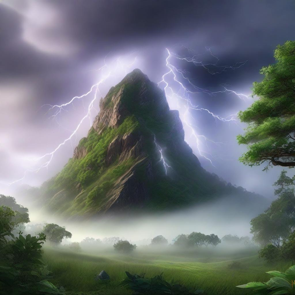 Hyper-realistic image of a mystical hill covered in lush greenery and fog. A dramatic lightning strike lights up the scene, revealing a subtle hint of a mythical creature hiding within the foliage.