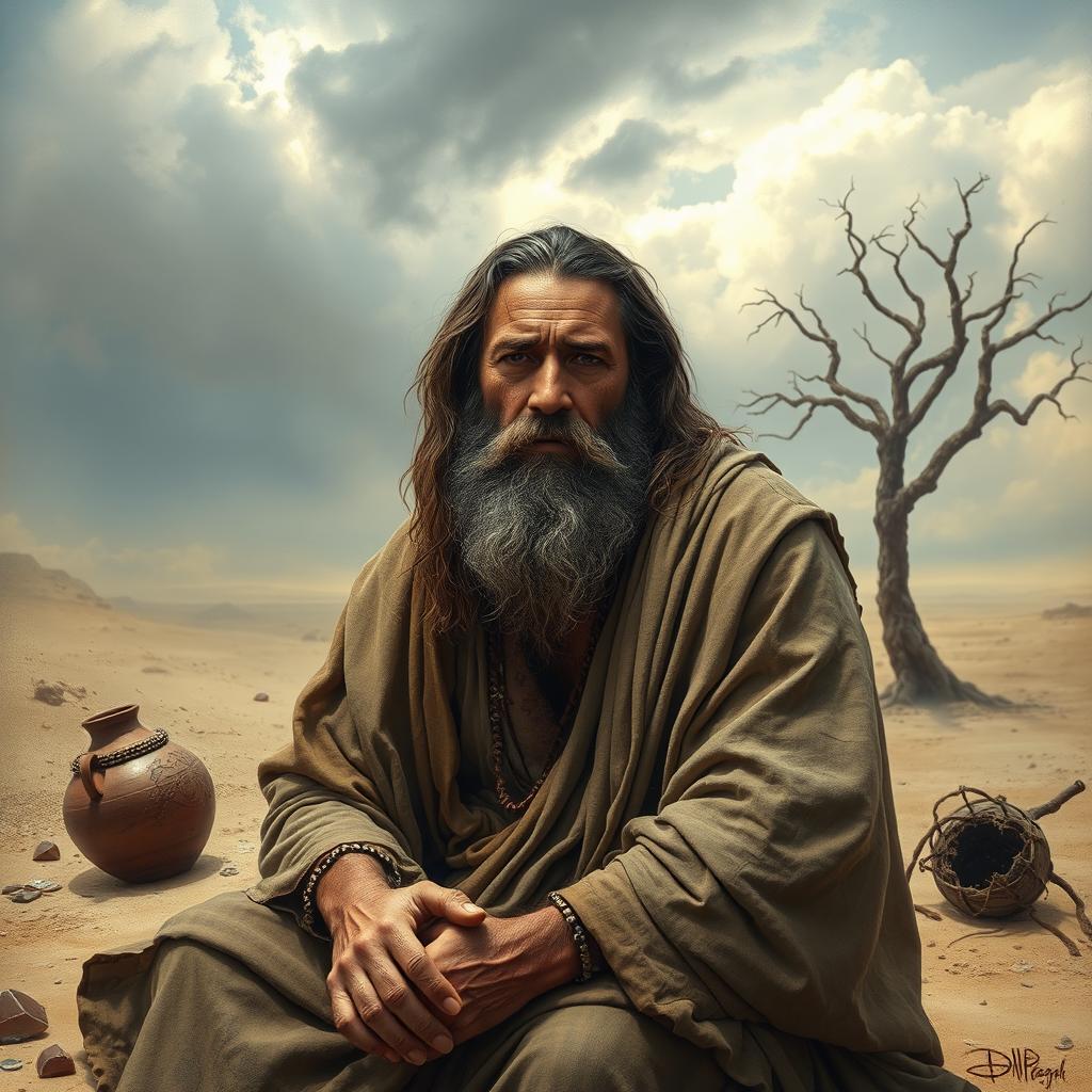 A depiction of Job from the Bible as he endures his trials, featuring a middle-aged man with long hair and a beard, wearing tattered robes