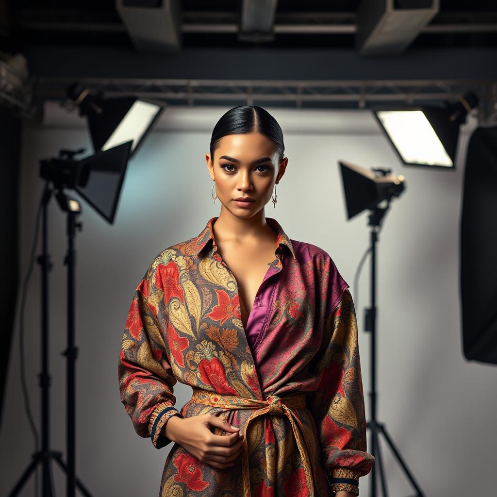 A high-end studio photography scene showcasing a stunning model posed elegantly in front of a professional lighting setup