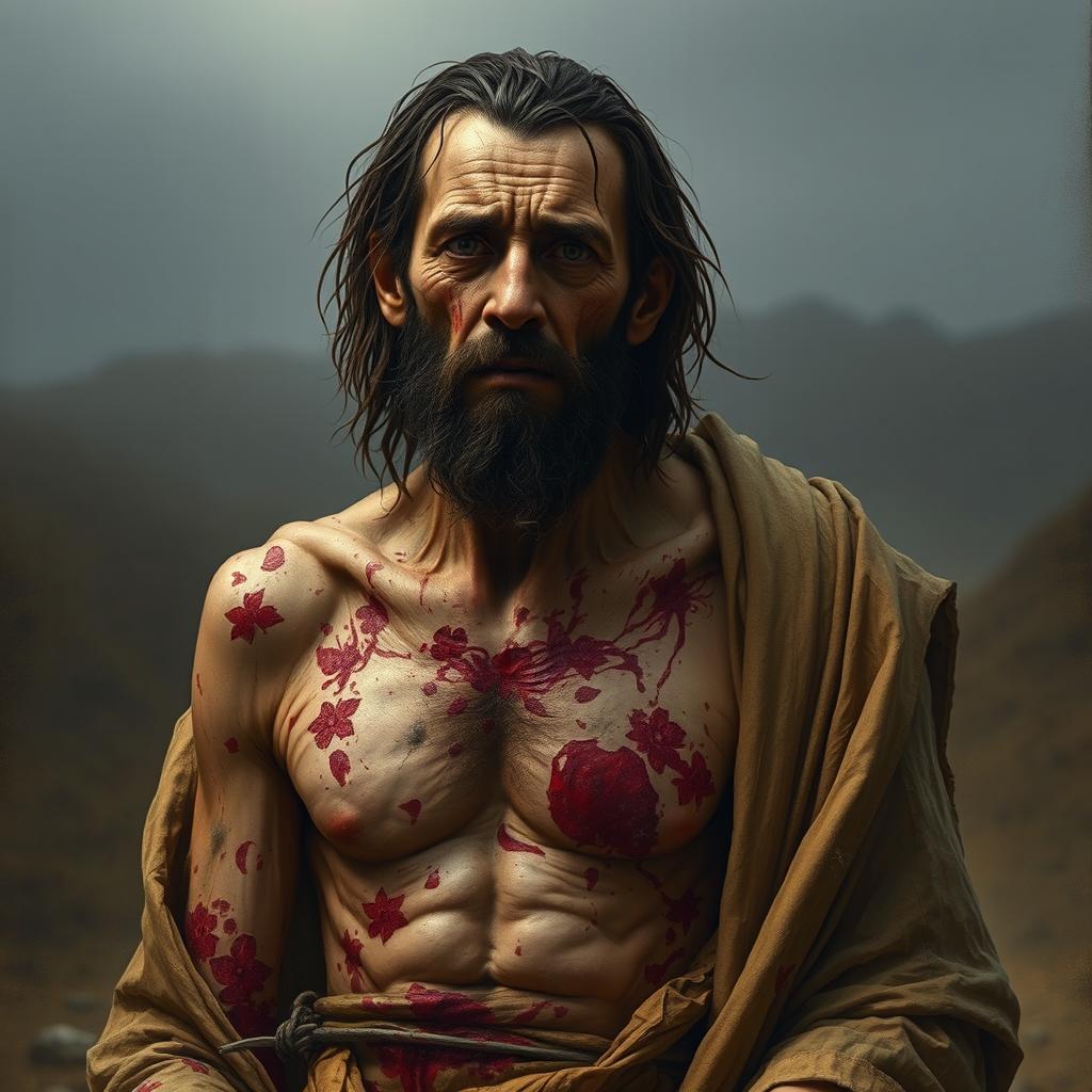 A depiction of Job, from the biblical narrative, with a body full of wounds and looking very thin and sad