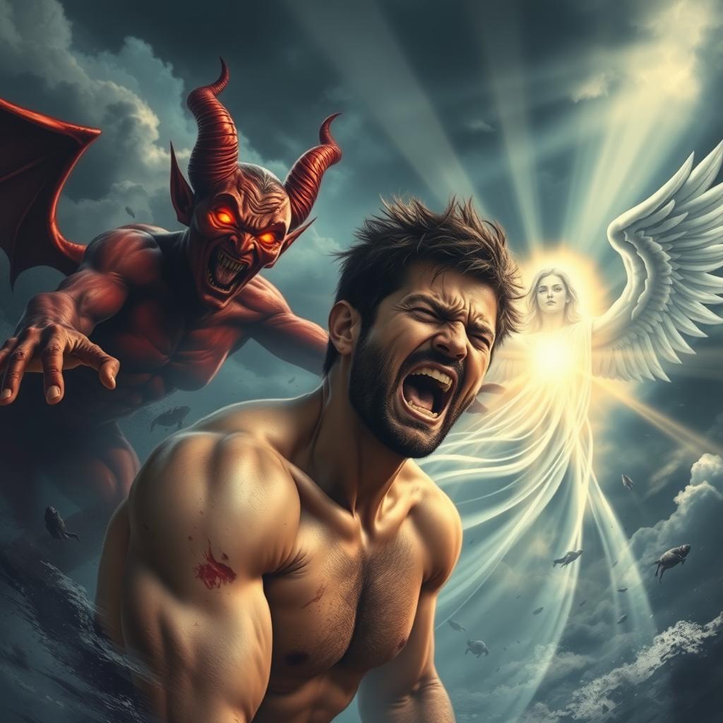 A chaotic and dramatic scene depicting a man, symbolizing suffering, caught in a spiritual battle between a devil figure and a divine entity representing God