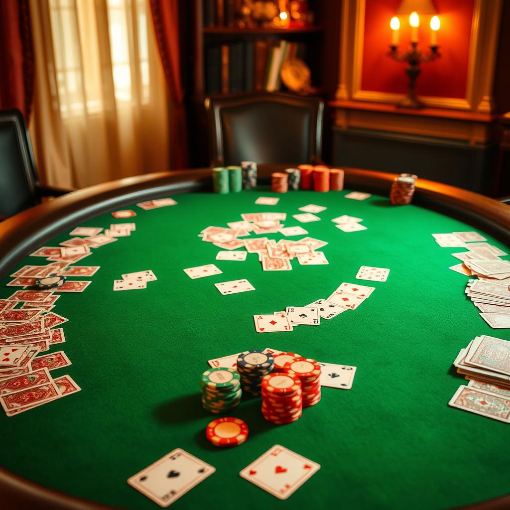 A beautiful poker table set elegantly with vibrant green felt, surrounded by colorful playing cards scattered around