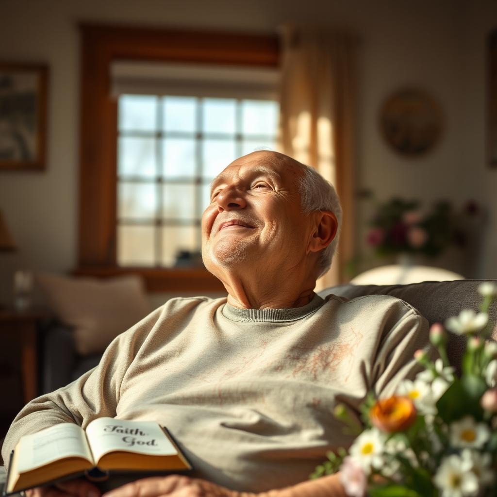 An elderly man with a warm, gentle expression, sitting peacefully in a cozy room surrounded by soft natural light