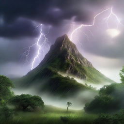 Hyper-realistic image of a mystical hill swathed in lush greenery, with a dense fog and a dramatic lightning strike. Amidst the lightning, subtly integrate a mysterious mythical creature skillfully camouflaged.