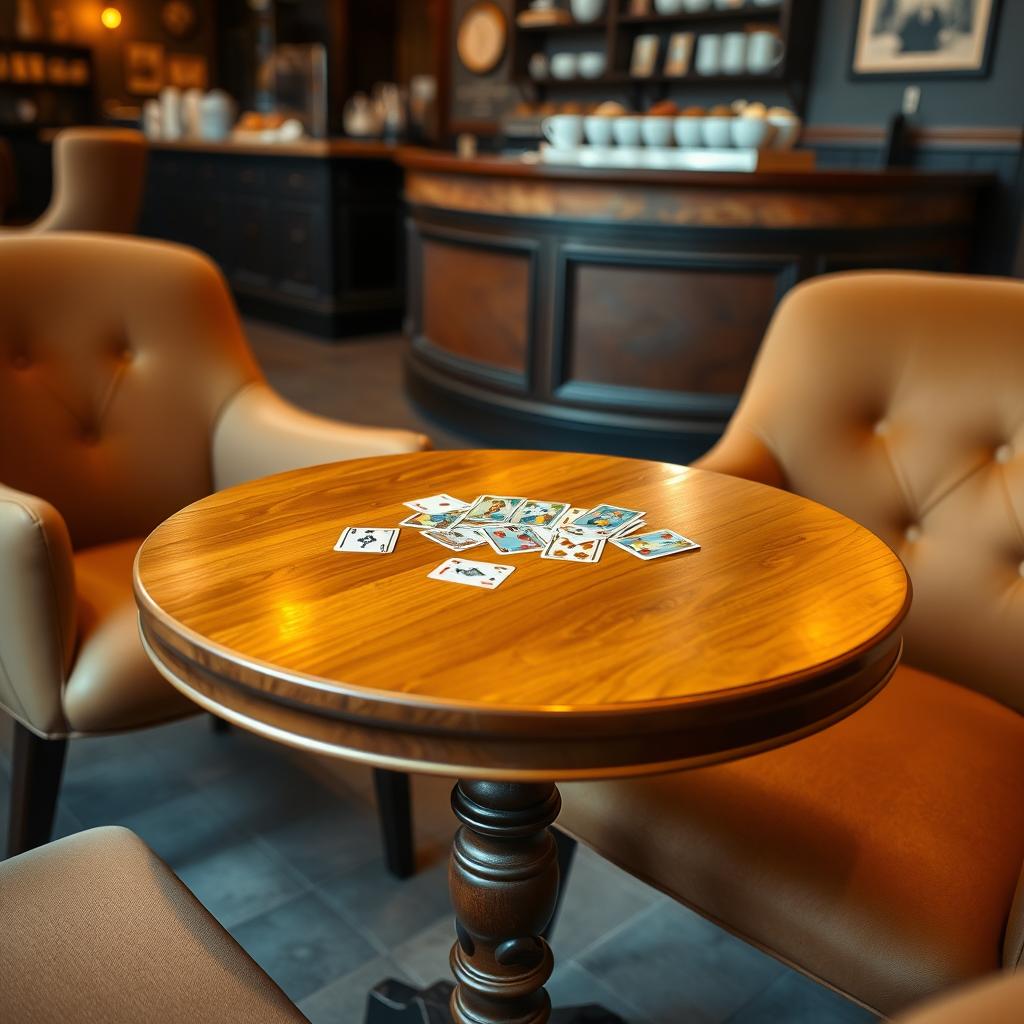 A cozy coffee shop interior featuring a small round table with a beautiful wooden finish