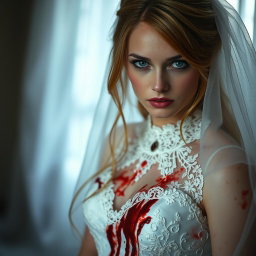A hauntingly beautiful portrait of a blonde woman with striking green eyes and long chestnut brown hair, dressed in a bloodied wedding dress