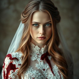 A hauntingly beautiful portrait of a blonde woman with striking green eyes and long chestnut brown hair, dressed in a bloodied wedding dress