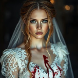 A hauntingly beautiful portrait of a blonde woman with striking green eyes and long chestnut brown hair, dressed in a bloodied wedding dress