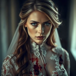 A hauntingly beautiful portrait of a blonde woman with striking green eyes and long chestnut brown hair, dressed in a bloodied wedding dress
