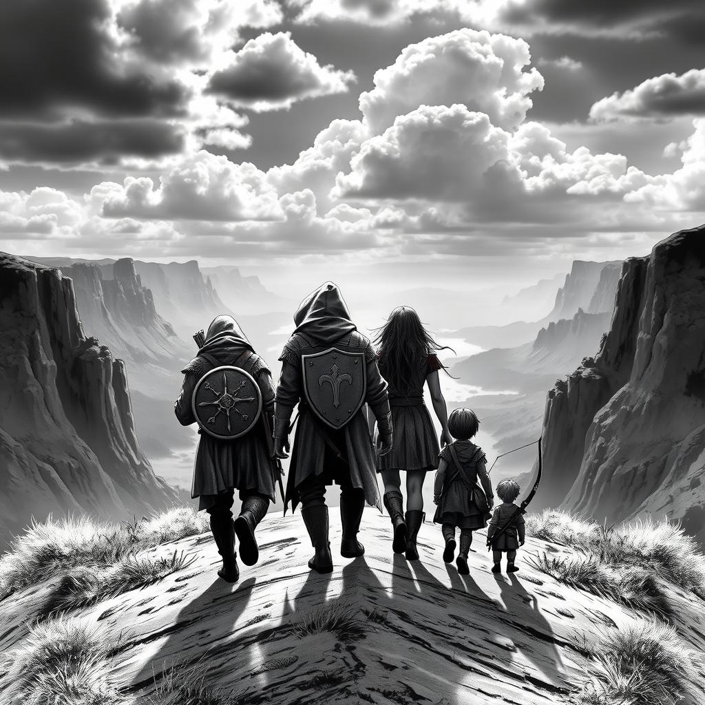 A striking book cover design showcasing a group of five medieval companions walking away from the viewer, their figures set against an epic landscape at the peak of a mountain