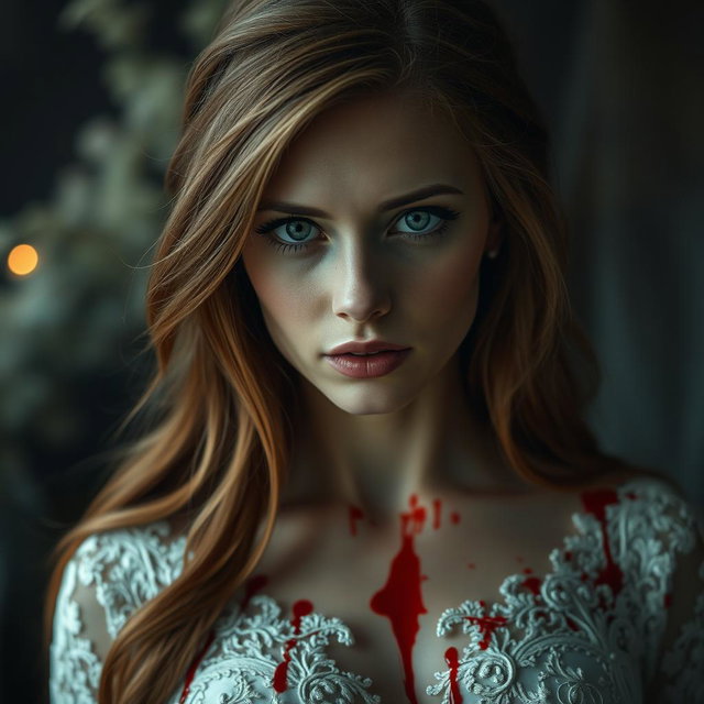 A hauntingly beautiful portrait of a blonde woman with captivating green eyes and long, flowing chestnut brown hair, elegantly styled