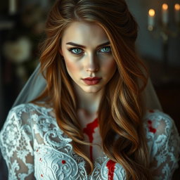 A hauntingly beautiful portrait of a blonde woman with captivating green eyes and long, flowing chestnut brown hair, elegantly styled
