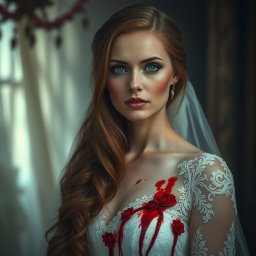 A hauntingly beautiful portrait of a blonde woman with captivating green eyes and long, flowing chestnut brown hair, elegantly styled