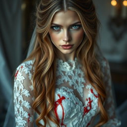 A hauntingly beautiful portrait of a blonde woman with captivating green eyes and long, flowing chestnut brown hair, elegantly styled