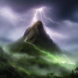 Hyper-realistic image of a mystical hill swathed in lush greenery, with a dense fog and a dramatic lightning strike. Amidst the lightning, subtly integrate a mysterious mythical creature skillfully camouflaged.