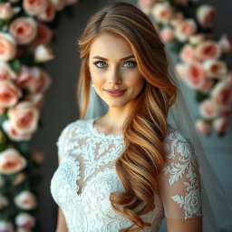A stunning portrait of a blonde woman with mesmerizing green eyes and long, flowing chestnut brown hair, elegantly styled