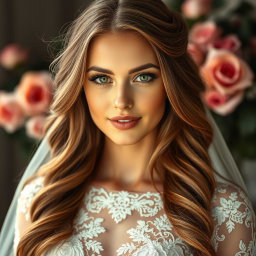 A stunning portrait of a blonde woman with mesmerizing green eyes and long, flowing chestnut brown hair, elegantly styled