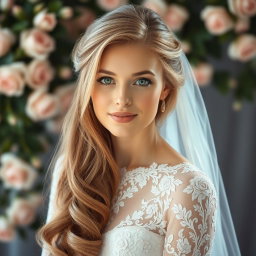 A stunning portrait of a blonde woman with mesmerizing green eyes and long, flowing chestnut brown hair, elegantly styled