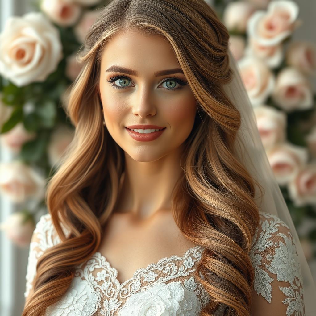 A stunning portrait of a blonde woman with mesmerizing green eyes and long, flowing chestnut brown hair, elegantly styled