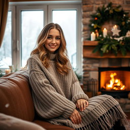 A cozy winter scene featuring a beautiful young woman sitting by a fireplace in a stylish, oversized knitted sweater