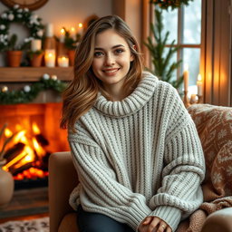 A cozy winter scene featuring a beautiful young woman sitting by a fireplace in a stylish, oversized knitted sweater