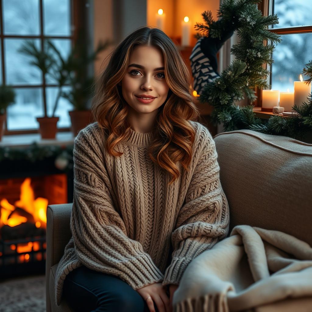 A cozy winter scene featuring a beautiful young woman sitting by a fireplace in a stylish, oversized knitted sweater