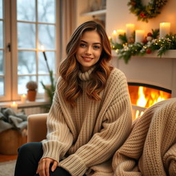 A cozy winter scene featuring a beautiful young woman sitting by a fireplace in a stylish, oversized knitted sweater