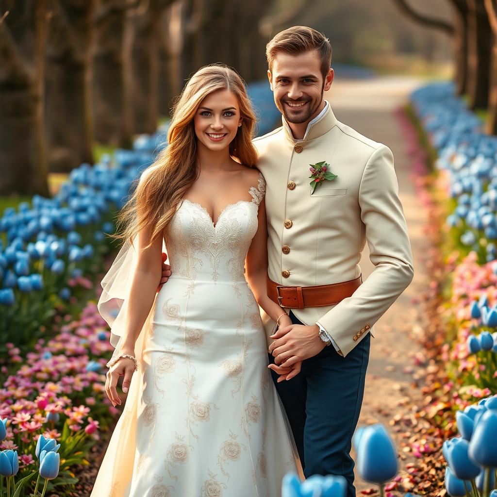 A romantic portrait featuring a blonde woman with enchanting green eyes and long chestnut brown hair, wearing an exquisite wedding dress adorned with intricate rose patterns