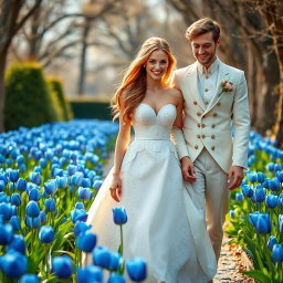 A romantic portrait featuring a blonde woman with enchanting green eyes and long chestnut brown hair, wearing an exquisite wedding dress adorned with intricate rose patterns