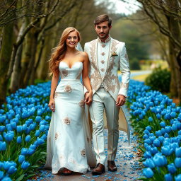 A romantic portrait featuring a blonde woman with enchanting green eyes and long chestnut brown hair, wearing an exquisite wedding dress adorned with intricate rose patterns