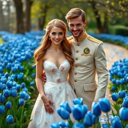 A romantic portrait featuring a blonde woman with enchanting green eyes and long chestnut brown hair, wearing an exquisite wedding dress adorned with intricate rose patterns