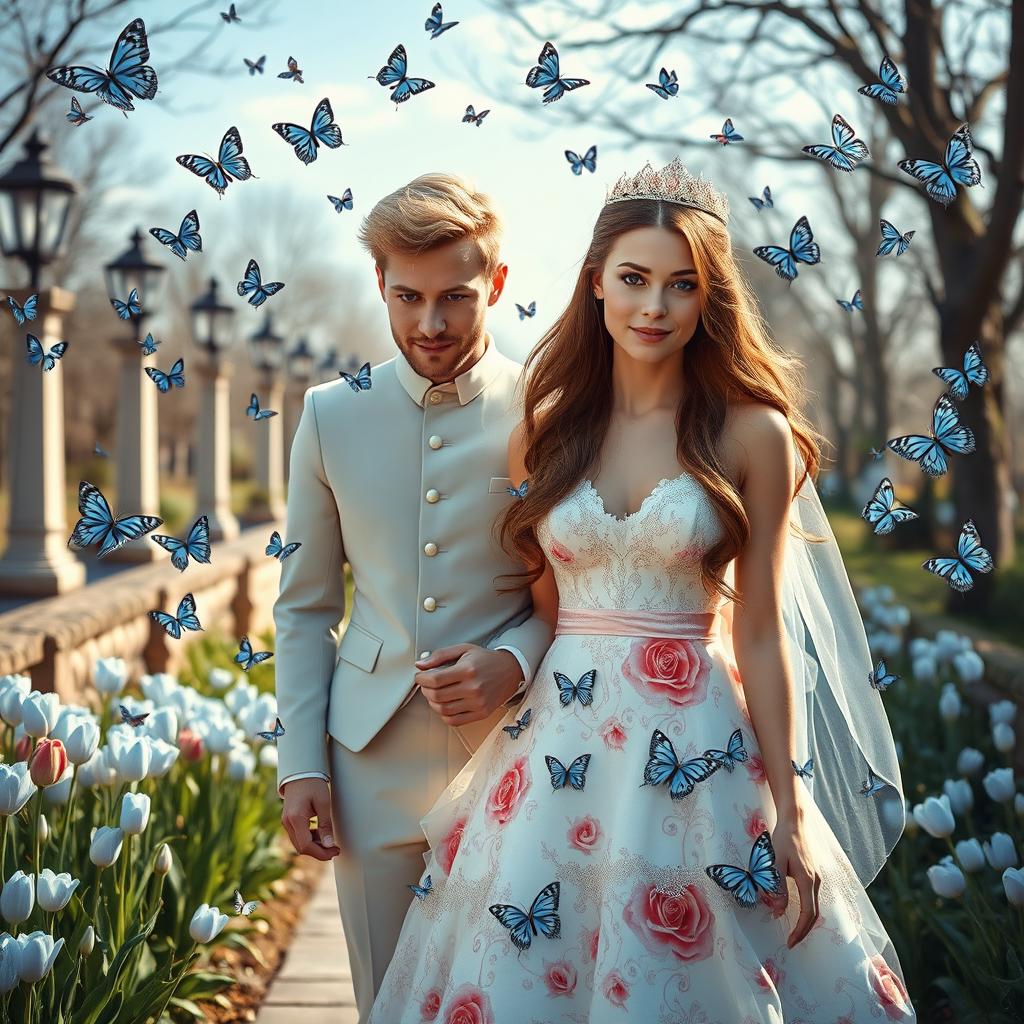 A stunning portrait of a blonde woman with striking green eyes and long chestnut brown hair, wearing an exquisite rose-patterned wedding dress