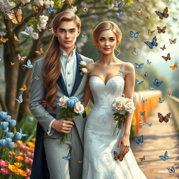 A beautiful portrait of a blonde woman with striking green eyes and long chestnut brown hair, wearing an elegant wedding dress adorned with roses