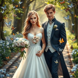 A beautiful portrait of a blonde woman with striking green eyes and long chestnut brown hair, wearing an elegant wedding dress adorned with roses