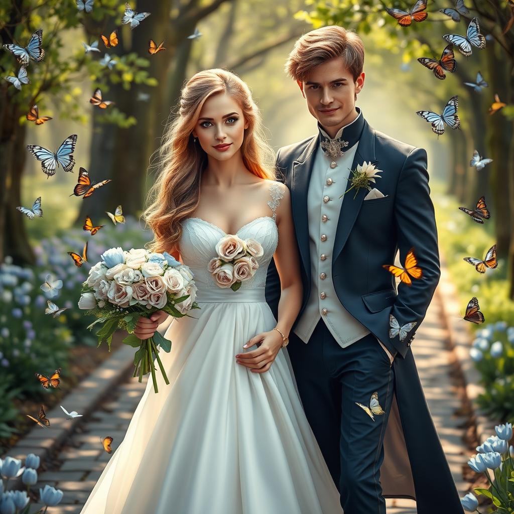 A beautiful portrait of a blonde woman with striking green eyes and long chestnut brown hair, wearing an elegant wedding dress adorned with roses