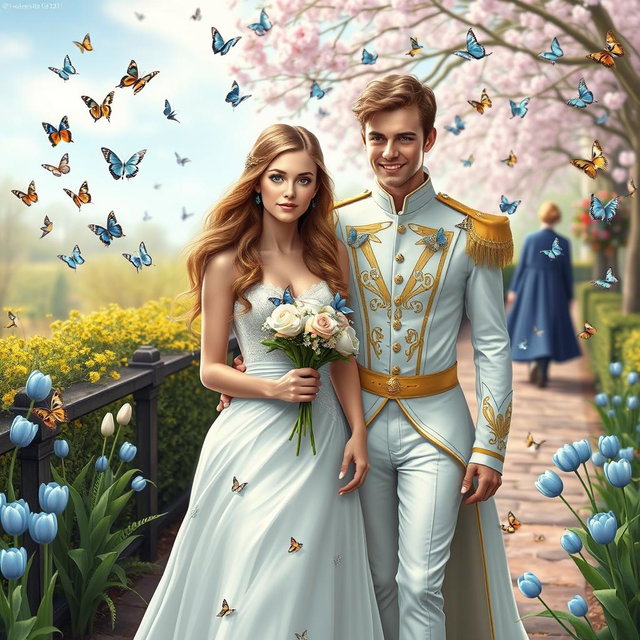 A beautiful portrait of a blonde woman with striking green eyes and long chestnut brown hair, wearing an elegant wedding dress adorned with roses