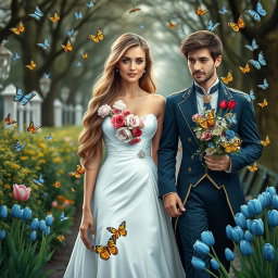 A beautiful portrait of a blonde woman with striking green eyes and long chestnut brown hair, wearing an elegant wedding dress adorned with roses