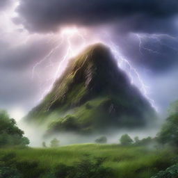 Hyper-realistic image of a mystical hill swathed in lush greenery, with a dense fog and a dramatic lightning strike. Amidst the lightning, subtly integrate a mysterious mythical creature skillfully camouflaged.
