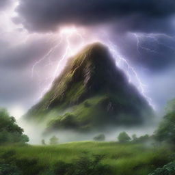 Hyper-realistic image of a mystical hill swathed in lush greenery, with a dense fog and a dramatic lightning strike. Amidst the lightning, subtly integrate a mysterious mythical creature skillfully camouflaged.