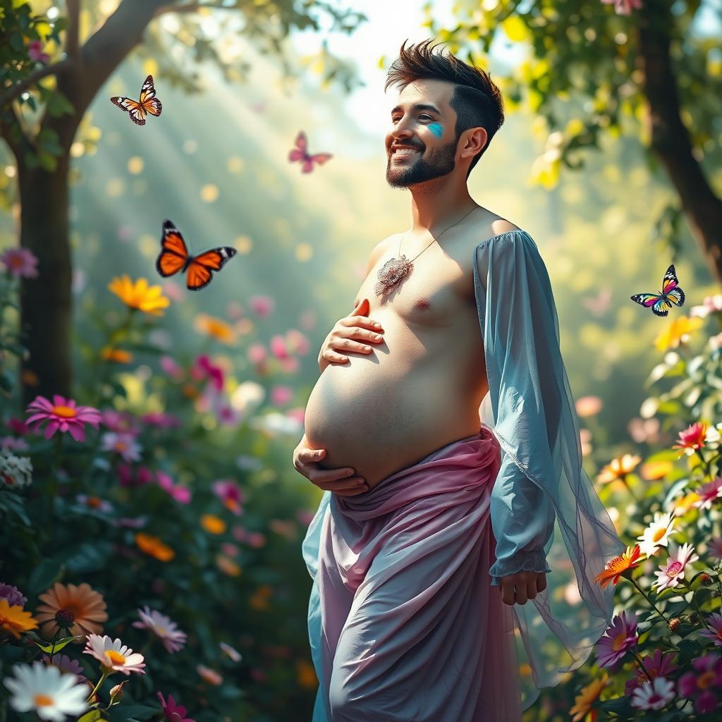 A surreal depiction of a pregnant man in a bright, whimsical environment
